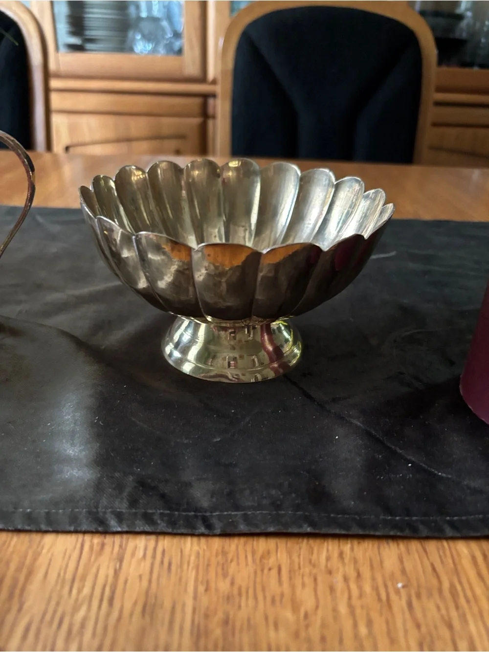 Brass Candle Holder with Floral Arrangement with Burgundy Candle - Brass Pithcer